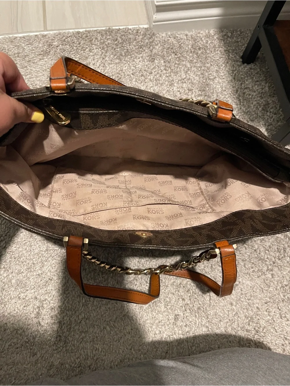 Michael Kors Dark Brown Signature Tote with Tan Leather and Gold Chain
